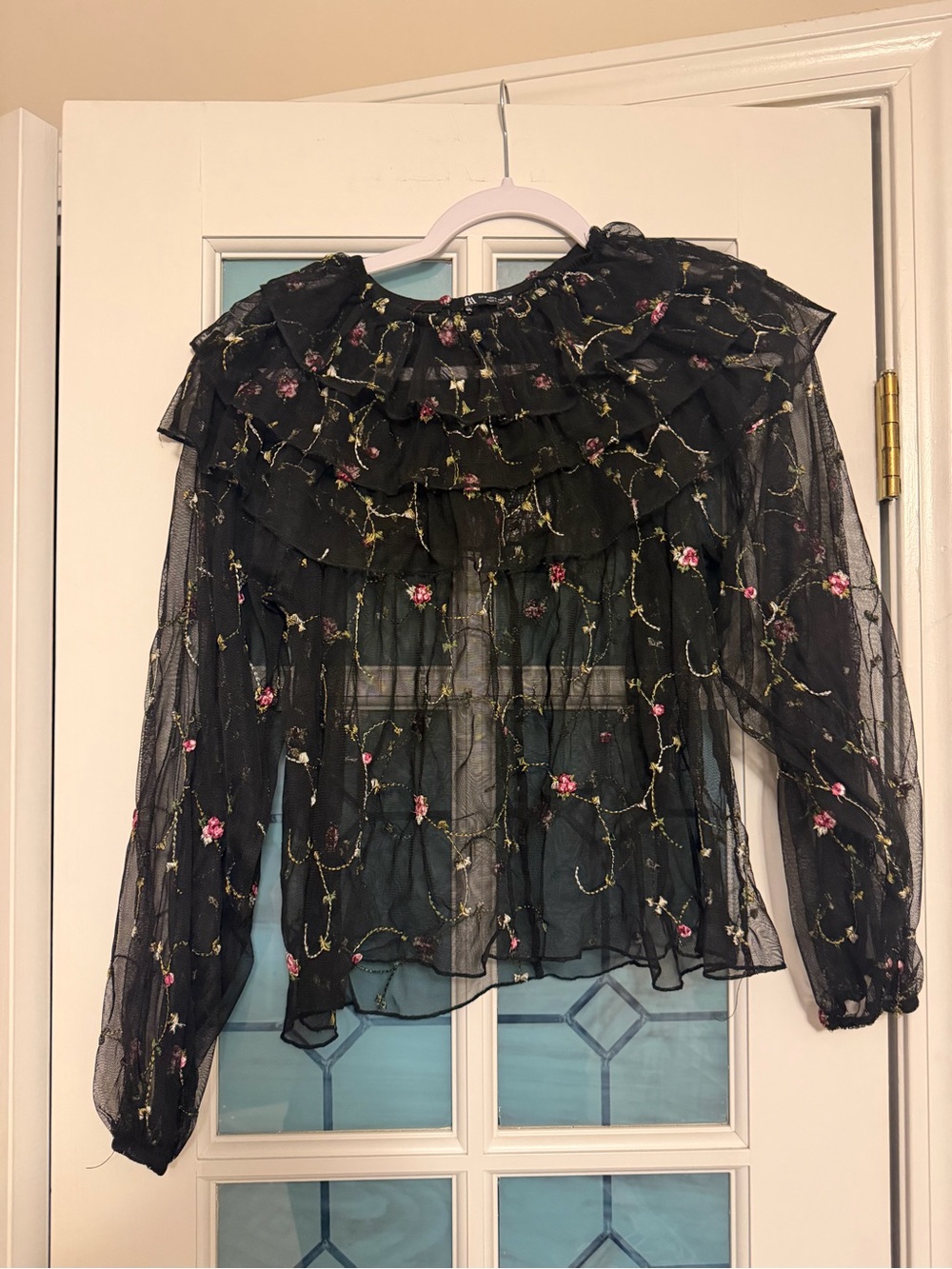 Zara Black Sheer Floral Ruffle Blouse